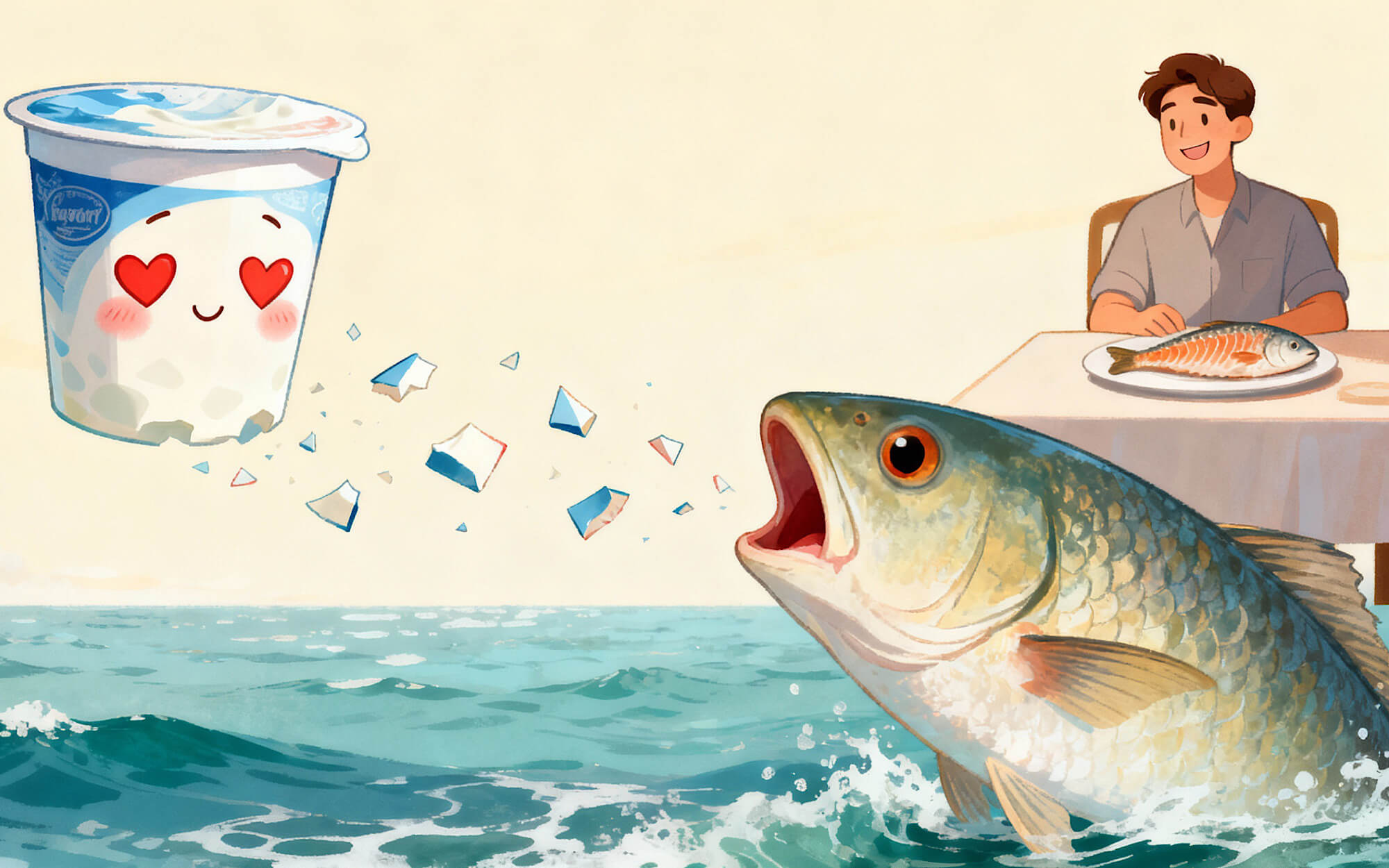 illustration eines Fisches, dem Teile eine Plastikbechers ins Mail fliegen, im Hintergrund sitzt ein Mann zum Essen an einem Tisch
