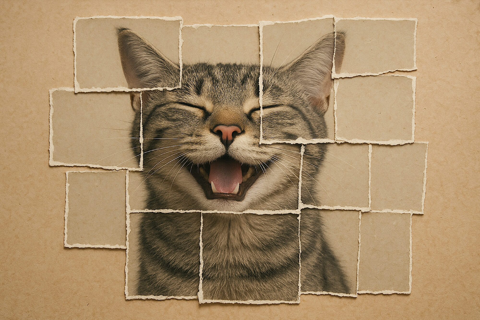 Bild einer lachenden Katze, das aus vielen zerrissenen Teilen zusammengesetzt ist